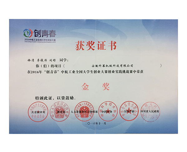 創(chuàng)青春2016年度金獎(jiǎng)